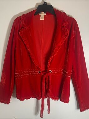 Y2K-era Cover Charge red velvet tie-front jacket Ladies Size XL Red Ruffled